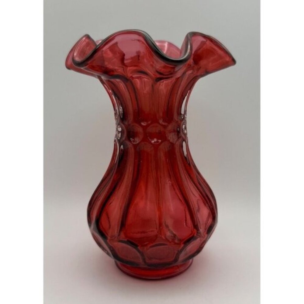 Vintage Fenton Country Cranberry Dot And Flute Ruffled Edge Vase 5in Tall